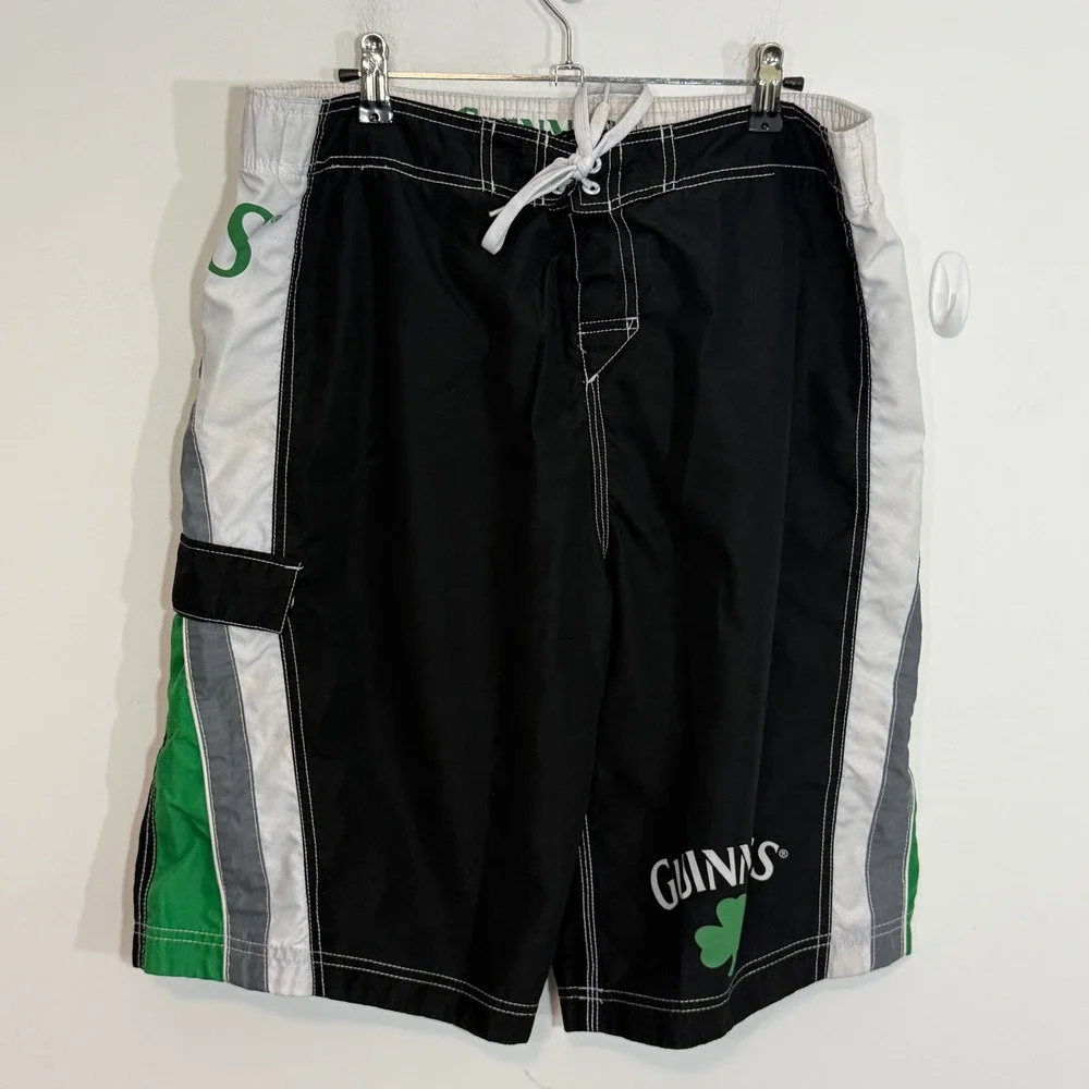 Guinness Beer Mens Board Shorts XL Black Green Shamrock Graphic Swim Trunks